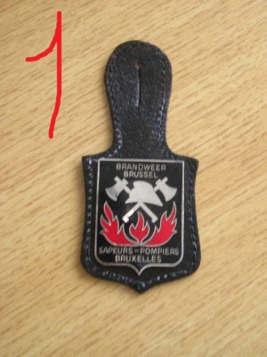 QW8 19 - Insigna tematica militara - pompieri Bruxelles - suport piele foto