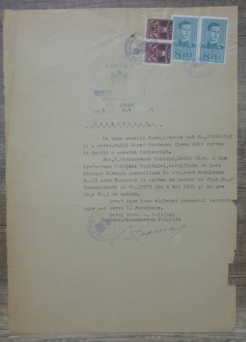 Certificat Prefectura Politiei Capitalei, Circumscriptia 4/ 1941
