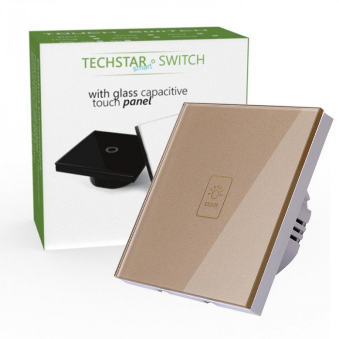Intrerupator Touch Techstar&reg; TG02, Sticla Securizata, Design Modern, Iluminare LED, 1 Faza, Auriu