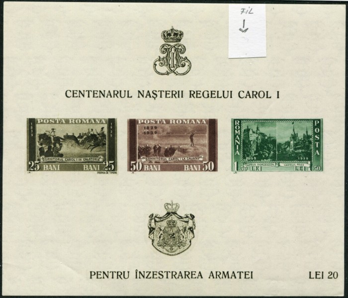 1939-1940 , Lp 134 , Centenarul nasterii Regelui Carol , colite nedantelate MNH