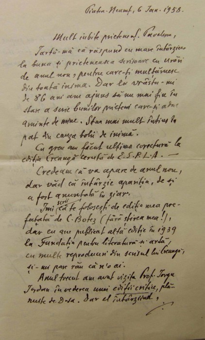 Autograf KIRILEANU. Scrisoare către scriitorul S. Pavelescu, din anul 1958