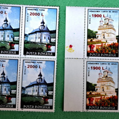 TIMBRE ROMANIA MNH LP1508/2000 Mânăstiri 1991 supratipar TROIȚE -Bloc de 4