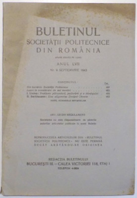 BULETINUL SOCIETATII POLITEHNICE DIN RIOMANIA, ANUL LVII, NR. 9 SEPTEMBRIE 1943 foto