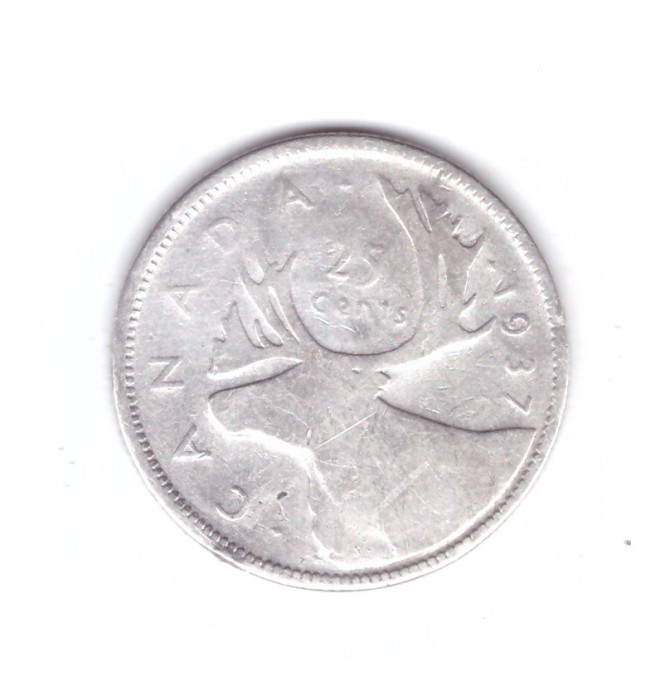 Moneda Canada 25 cents/centi 1937, uzata, curata