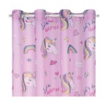Perdea cu inele pentru copii, Imprimeu Unicorn, Roz, 140x260 cm, Oem