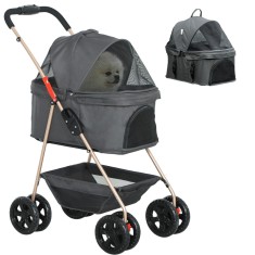 PawHut Cărucior pentru Animale de Companie 3 &icirc;n 1 cu 4 Roți și Geantă de Transport Detașabilă, 76x50x102 cm, Gri | Aosom Romania