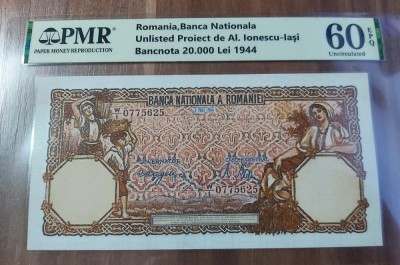 REPRODUCERE pe hartie cu filigran si fire UV proiect bancnota 20.000 Lei 1944 foto