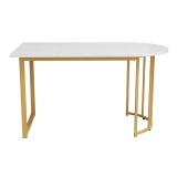 Masă cu picioare din metal, marmură modernă, structură metalică stabilă, pentru 4-6 persoane, 138,9&times;80&times;75 cm, Alb+Auriu