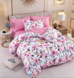 Cumpara ieftin Lenjerie pat dublu,bumbac finet,6 piese,cearceaf cu elastic,alba roz cu flori colorate-A1485