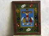 colectie / arta / religie - Icoana veche romaneasca Rastignirea lui Iisus Hristos pictura pe sticla cu rama din lemn / Transilvania !