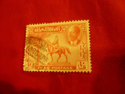 Timbru 40f rosu 1949 IRAK - 75 Ani Posta , stampilat- Rege Faisal I si Statuie foto