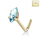 Piercing curbat din aur de 14K - zirconiu albastru deschis, aur galben