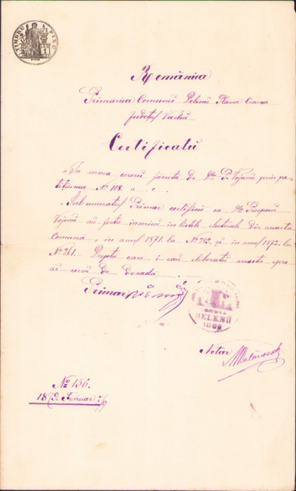 HST A496 Certificat 1879 Vaslui &icirc;nscriere &icirc;n listele electorale