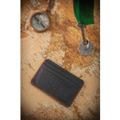 Portcard din piele naturala, lucrat si cusut manual, Remus, Handmade, Negru, Produs in Romania