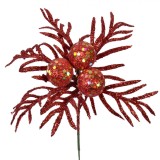 Ramură Decorativă Crăciun, Fără Brand, Flori, Glitter, Roșu, 17cm