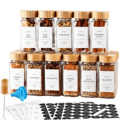 Set 12 recipiente condimente, etanse, cu capace de dozaj de 120 ml, perie, palnie, etichete si marker, Transparent