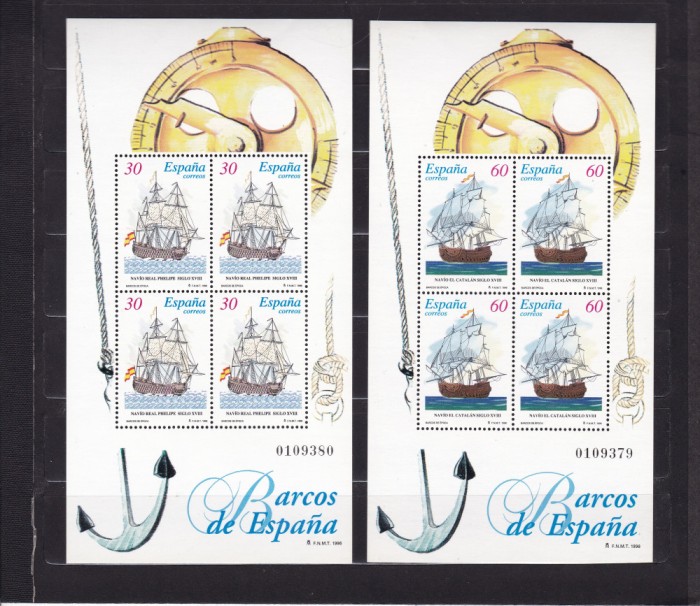 SPANIA 1996 AMBARCATIUNI BARCI DE EPOCA SPANIOLE BLOCURI MNH