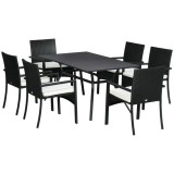 Set mobilier gradina/terasa, negru si bej, ratan sintetic, 1 masa, 6 scaune, Lynna