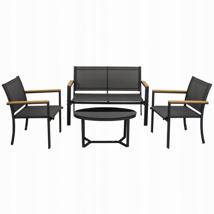Set mobilier gradina/terasa, negru si natur, 1 masa, 2 scaune, 1 canapea, Imala