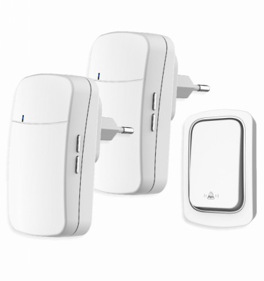 Sonerie fara fir si fara baterie 1 transmitator- comutator cinetic (1 buton) si 2 receptoare albe ( 2 sonerii) la priza , 38 melodii, distanta 150m. I foto