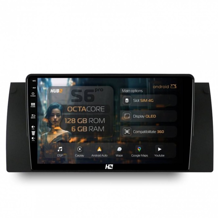 Navigatie BMW E39 E53 E38 6GB RAM Android 13 Octacore Slot Sim 4G DSP GPS Wi-FI Carplay Android Auto USB Bluetooth Waze Touchscreen 9 Inch