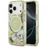 Husa MagSafe pentru Apple iPhone 17 Pro, Guess, IML Metal Glitter Flowers Triangle, Verde