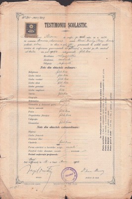 A3346N Testimoniu scolastic al lui Romulus Mioc (viitor primar Petroșani, prefect județ Hunedoara), 1904, Brașov, semnat olograf Virgil Onițiu foto