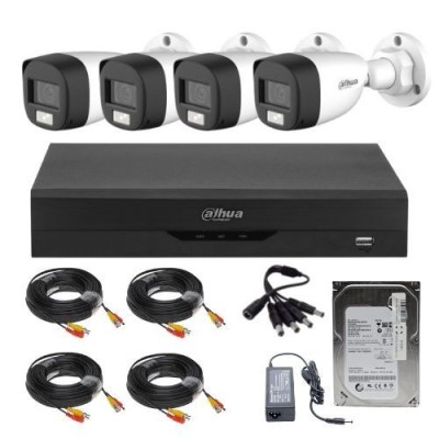 Sistem supraveghere Dahua, 4 camere, 2MP, Dual Light, IR 20m, microfon, DVR 4 canale hibrid, functii AI + HDD 500GB, accesorii SafetyGuard Surveillanc foto