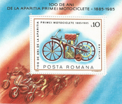 Rom&amp;acirc;nia, LP 1134/1985, Centenarul primei motociclete din lume, coliţă dant., MNH foto