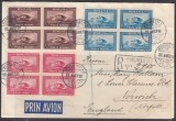 ROMANIA1928 LP 80 a POSTA AERIANA C.RAIU FILIGRAN ORIZONTAL SERIA IN BLOC DE 4 TIMBRE/PLIC PRIN AVION BUCURESTI-NORWICH/ANGLIA, Stampilat