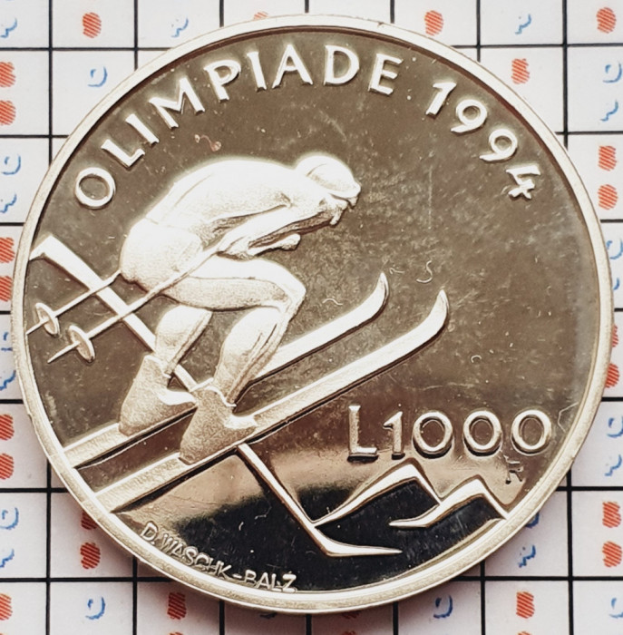1343 San Marino 1000 Lire 1994 Winter Olympics, Lillehammer km 316 UNC argint