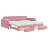 Cumpara ieftin Pat de zi cu extensie si sertare, roz, 90x200 cm, catifea