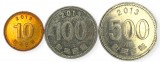 Coreea de Sud , lot 35 - 10 + 100 + 500 Won 2013, Asia, Cupru-Nichel
