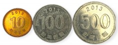 Coreea de Sud , lot 35 - 10 + 100 + 500 Won 2013