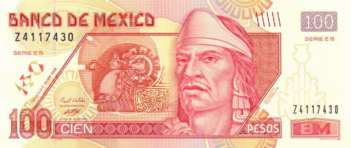 MEXIC █ bancnota █ 100 Pesos █ 2008 █ P-118n █ SERIE EB █ UNC █ necirculata