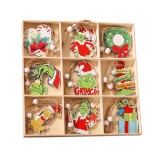Set 18 decoratiuni de craciun din lemn, flippy, cu snur pentru agatare in brad, model grinch, diferite dimensiuni, multicolor