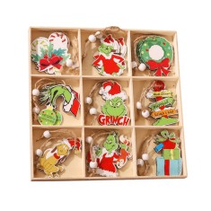 Set 18 decoratiuni de craciun din lemn, flippy, cu snur pentru agatare in brad, model grinch, diferite dimensiuni, multicolor