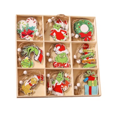 Set 18 decoratiuni de craciun din lemn, flippy, cu snur pentru agatare in brad, model grinch, diferite dimensiuni, multicolor foto