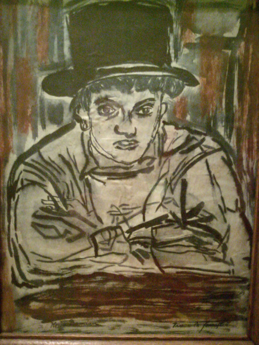 tablou Tanar cu joben, la fereastra, semnat Horia Damian, 30x40 cm