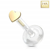 Piercing din aur galben 585 pentru ureche, bărbie, buză - inimă mică, Bioflex transparent