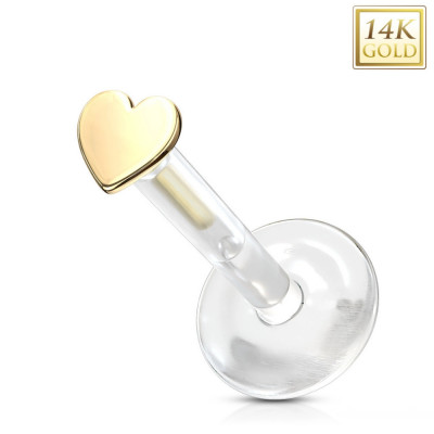 Piercing din aur galben 585 pentru ureche, bărbie, buză - inimă mică, Bioflex transparent foto