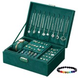 Set Cutie bijuterii Verde, cheita, doua etaje, eleganta, material catifelat, cadou Bratara energetica aromaterapie, 7 Chakre, roca vulcanica