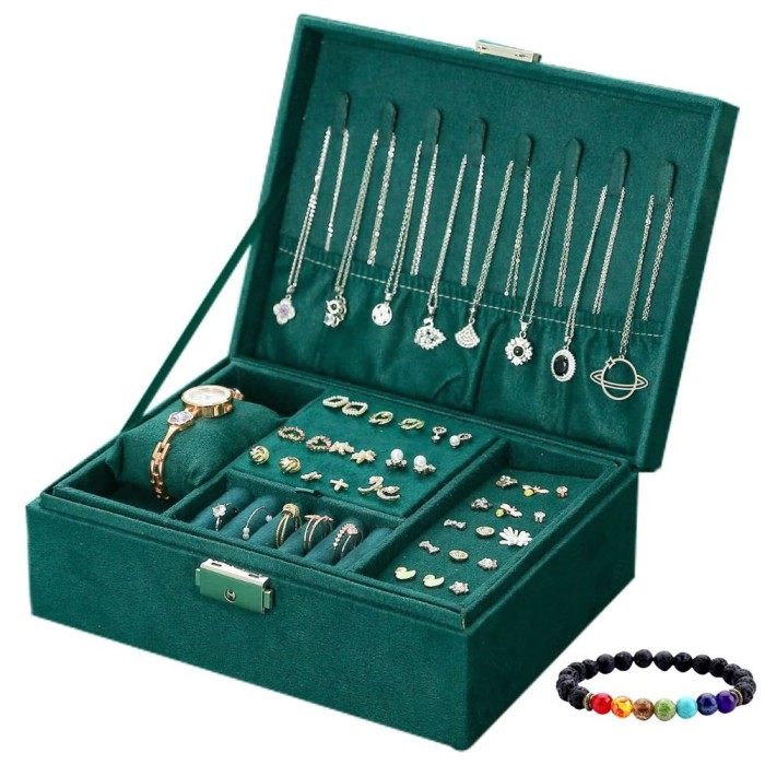 Set Cutie bijuterii Verde, cheita, doua etaje, eleganta, material catifelat, cadou Bratara energetica aromaterapie, 7 Chakre, roca vulcanica
