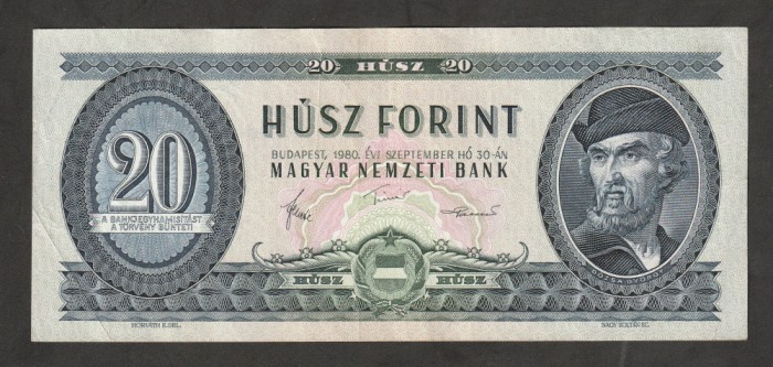 Ungaria, 20 forint 1980, XF _Gheorghe Doja_C 359 _093177