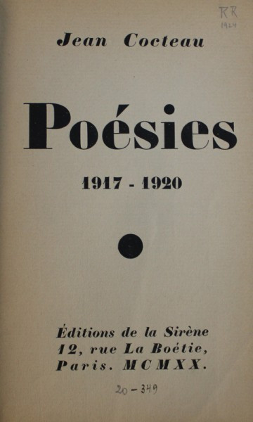 POESIES 1917 - 1920 par JEAN COCTEAU , 1920 , EDITIE NUMEROTATA , 853 DIN 1032*