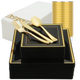 Set 175 piese pentru petrecere Versatyx, Farfurii mari si mici, Tacamuri, Pahare, Servete, Reutilizabile, Pentru mese festive, Patrat, Gold