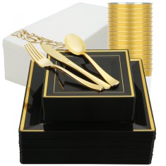 Set 175 piese pentru petrecere Versatyx, Farfurii mari si mici, Tacamuri, Pahare, Servete, Reutilizabile, Pentru mese festive, Patrat, Gold foto