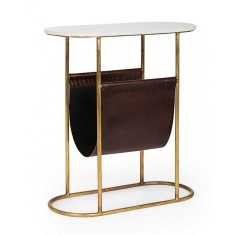 Masuta de cafea din fier auriu blat din marmura si suport reviste piele naturala maro Marmol 53 cm x 23 cm x 59 h
