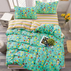 Lenjerie de pat pentru o persoana cu husa elastic pat si 2 fete perna dreptunghiulara, Kimana, bumbac mercerizat, multicolor