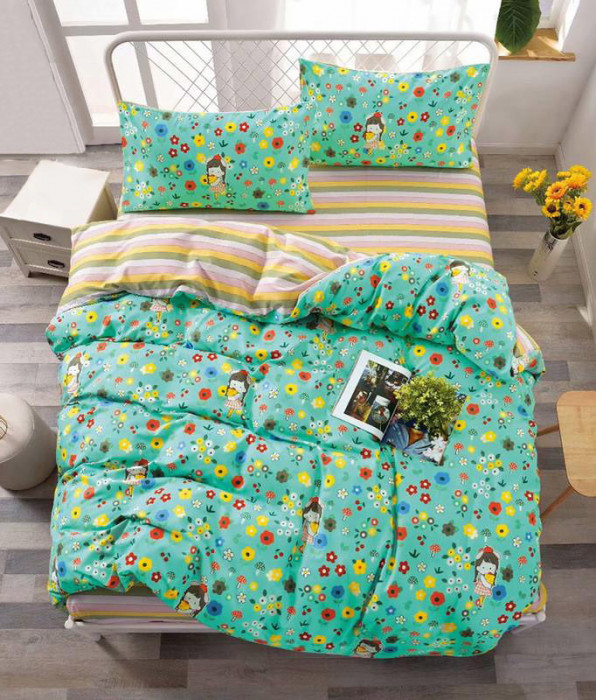 Lenjerie de pat pentru o persoana cu 2 huse de perna patrata, Kimana, bumbac mercerizat, multicolor